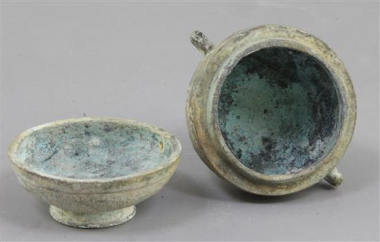 A miniature Chinese archaic bronze food vessel and cover, Dou, Warring States period, 5th-3rd century B.C., 7cm high